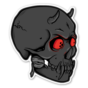 Demon skull with horns and red eyes designed by Gore Juice sticker co.