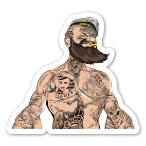 My custom illustration sticker of Popeye with a beard and tattooed. High quality!