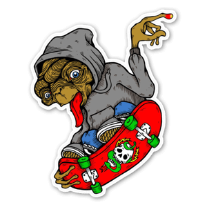 ET on a skateboard calling home.