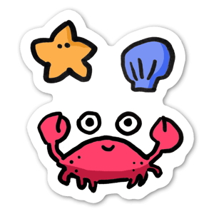 A cute, cartoon crab along with some seashells. 