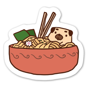 A cute dog swimming in a bowl of ramen.