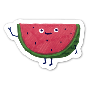 A cartoon watermelon waving hi.