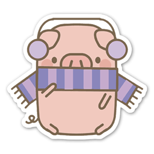 A cute, cartoon pig wearing a scarf and earmuffs. 