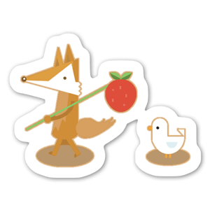 A cartoon fox with a strawberry bag, and his duck companion. 