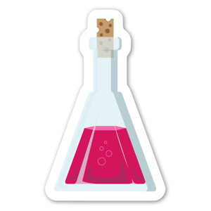 A hexagonal flask containing a pink liquid