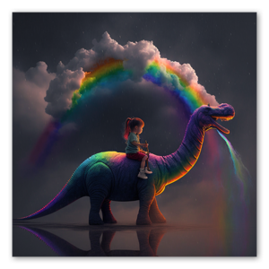 A girl rides her best dinosaur friend - Diplodocus Dippo with a beautiful rainbow in the background.