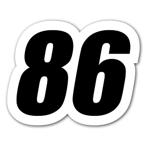 A racing sticker with the number 86