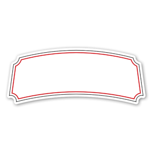 A curved label in red and black 