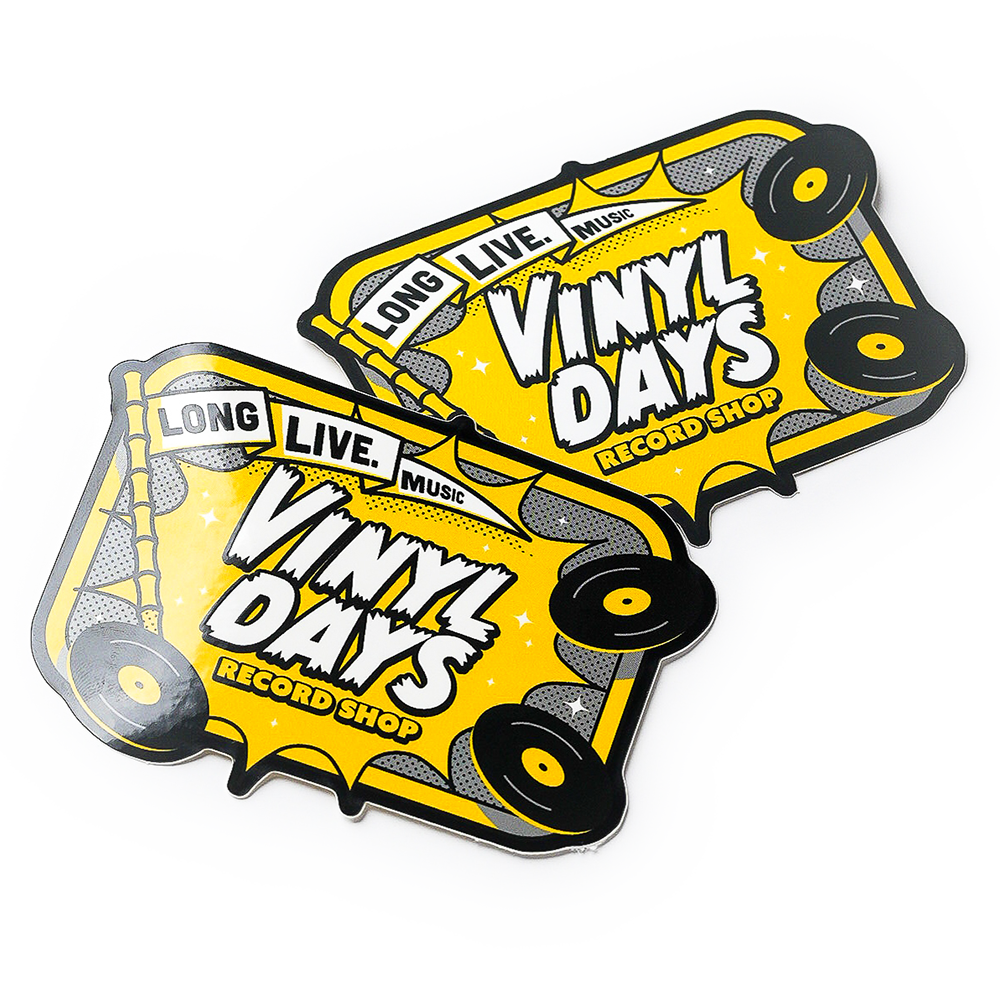 Vinyl Days record shop stickers featuring a retro design with vinyl records and bold yellow accents.