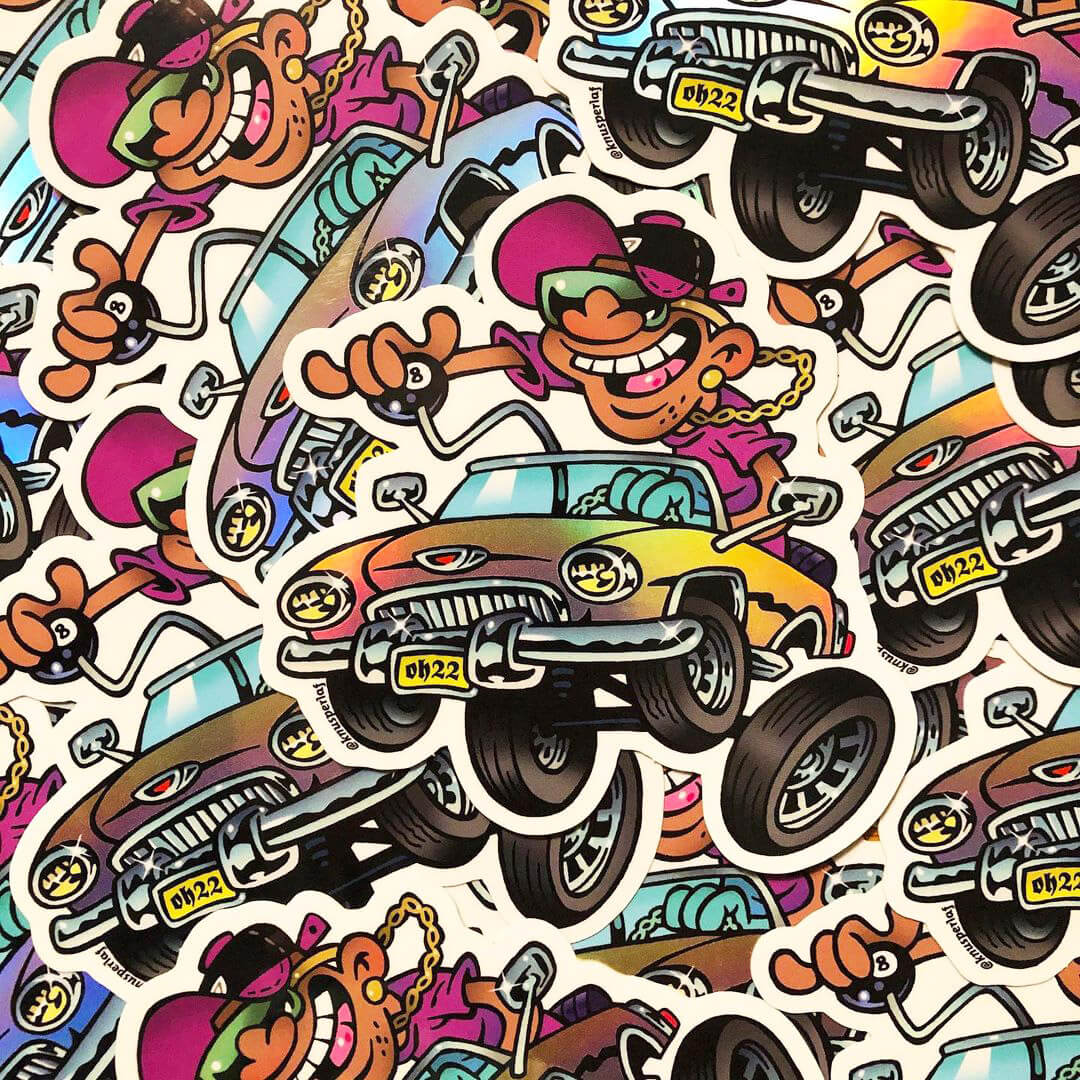 Pattern of colorful stickers featuring cartoon characters driving lowrider cars with exaggerated details and vibrant expressions.