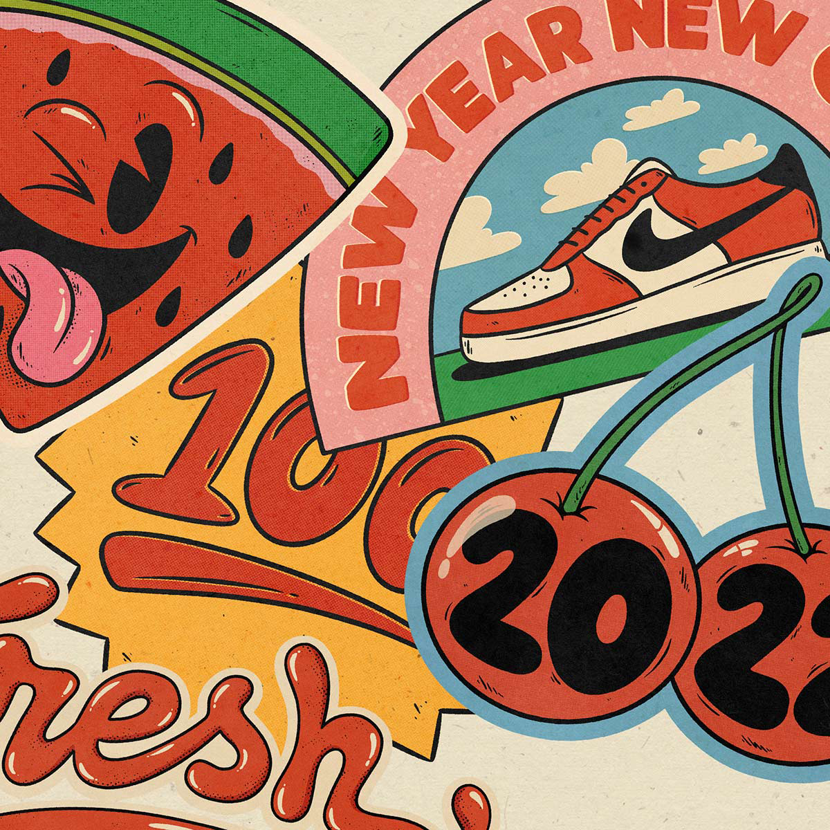 Illustrated collage with a smiling watermelon, a sneaker, cherries labeled "2023," the words "Fresh" and "New Year New Go," and the number "100."