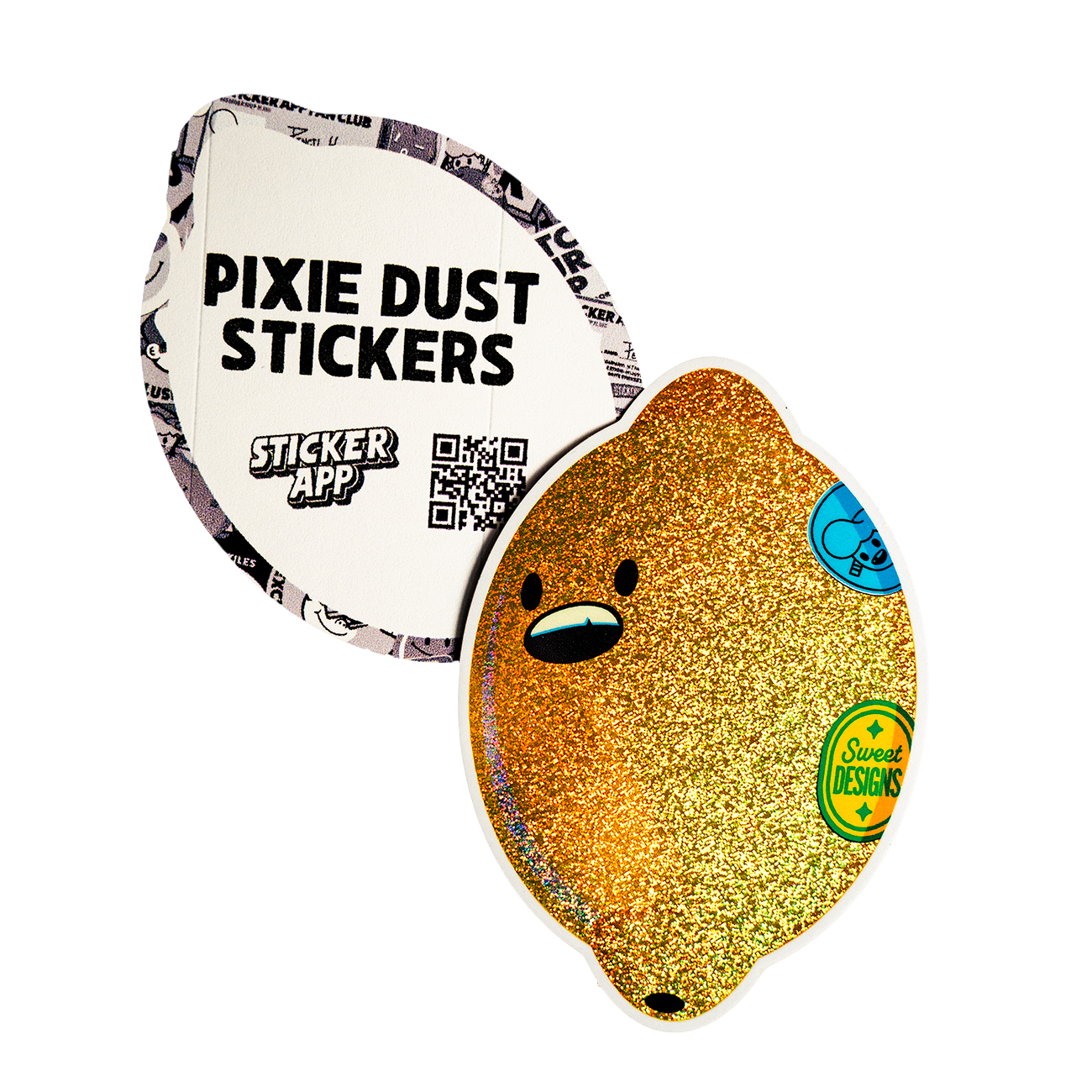 Die-cut Pixie Dust sticker of a lemon smiling, with back paper print.