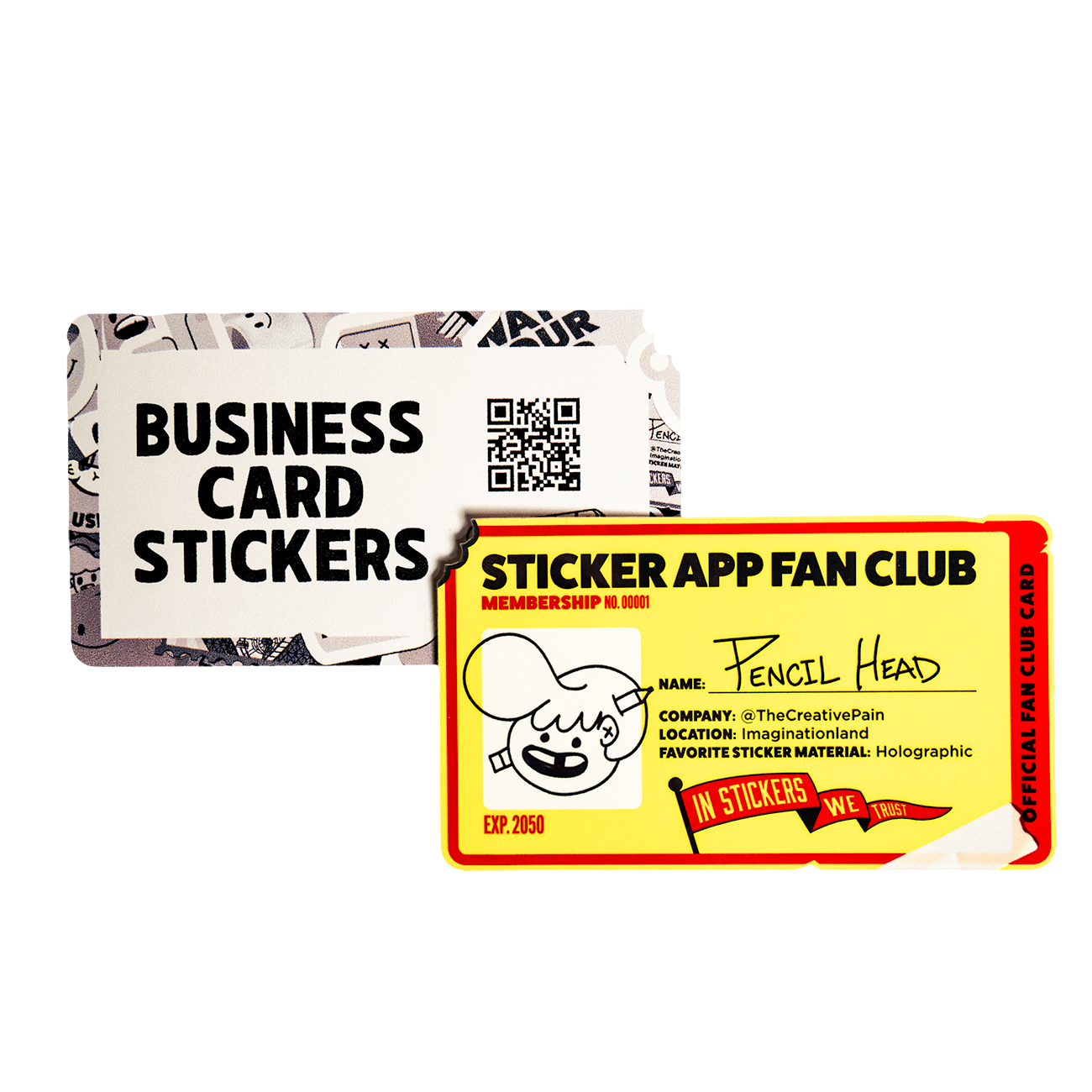 die-cut business card sticker with back paper print with a text "STICKERAPP FAN CLUB" on a yellow background