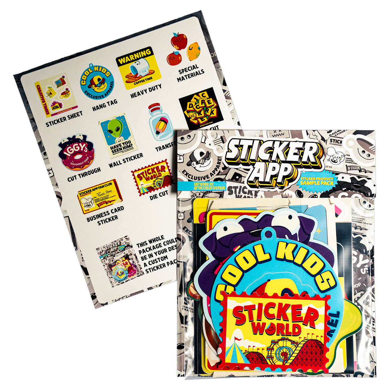 Product sticker pack with back paper print, showing the ready pack and including product stickers