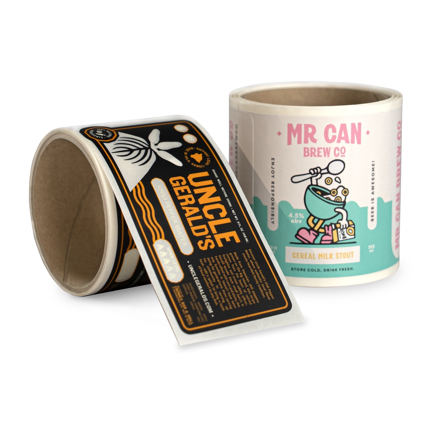 Two rolls of custom product labels: an "Uncle Gerald's" chili pepper water label and a "Mr Can Brew Co" cereal milk stout beer label