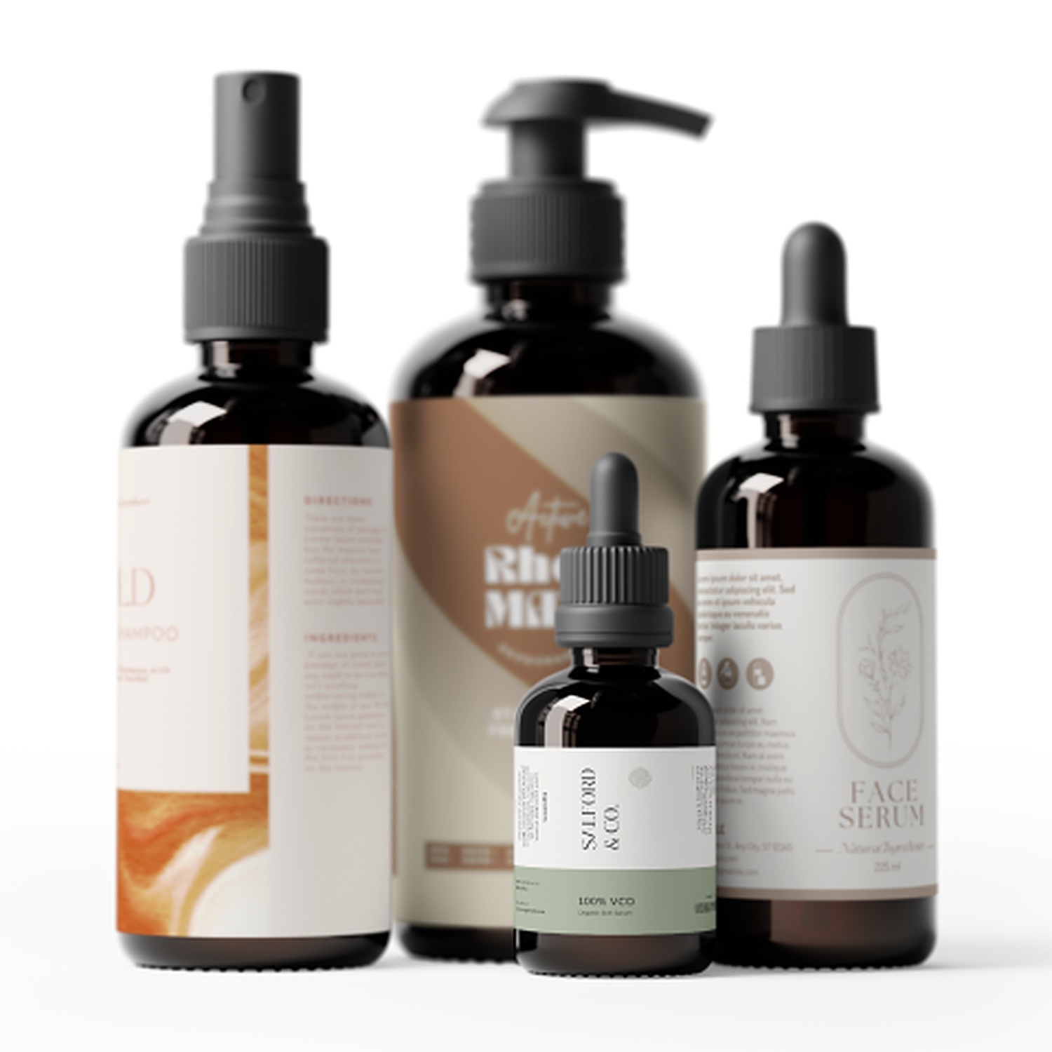 Custom cosmetic labels on amber glass spray, pump and dropper bottles