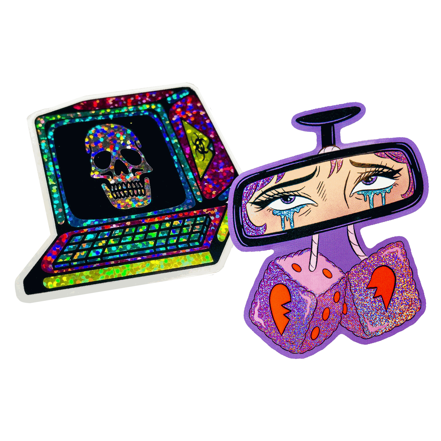 Glitter die-cut sticker of a retro computer with a skull on the screen, next to a Pixie Dust die-cut sticker of a rearview mirror with teary eyes and fuzzy dice