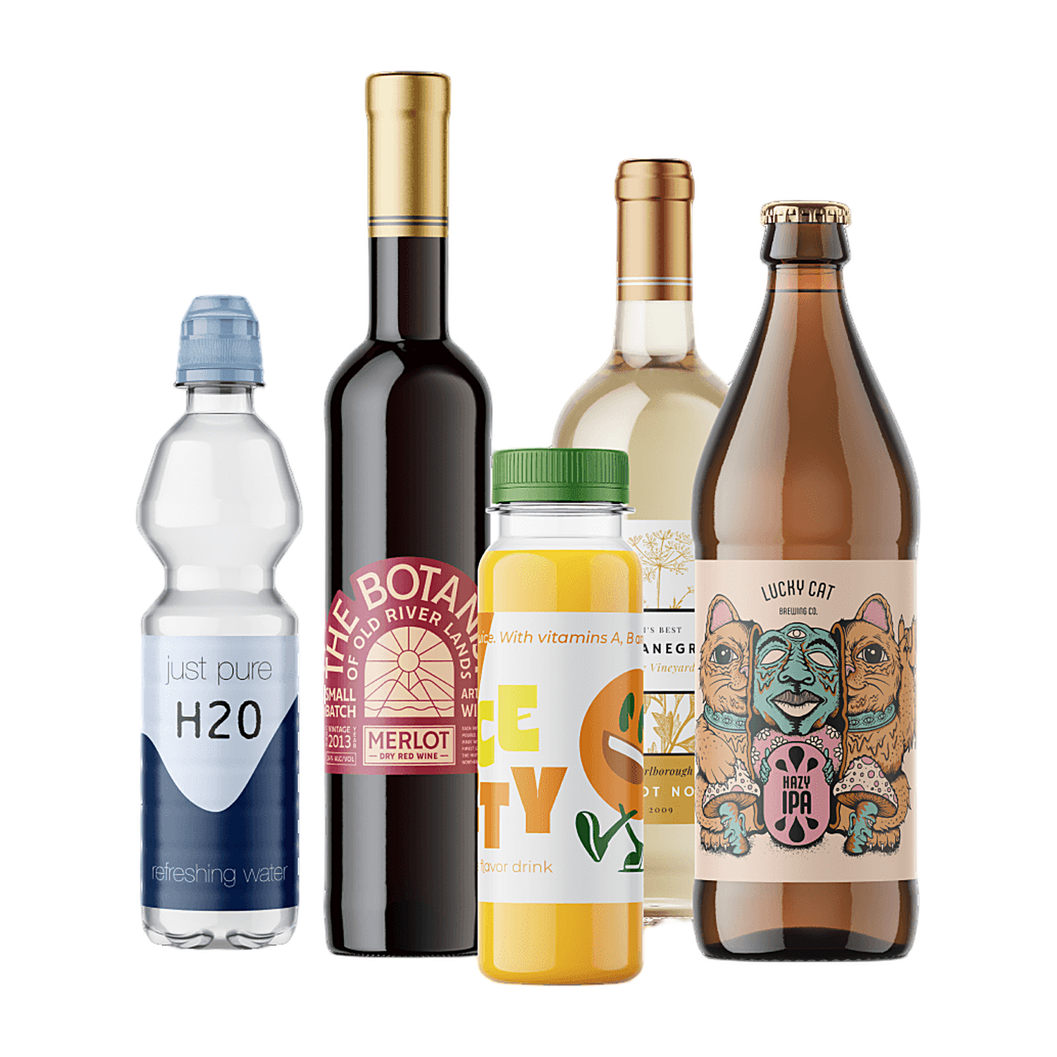 Custom product labels on water, wine, juice and craft beer bottles