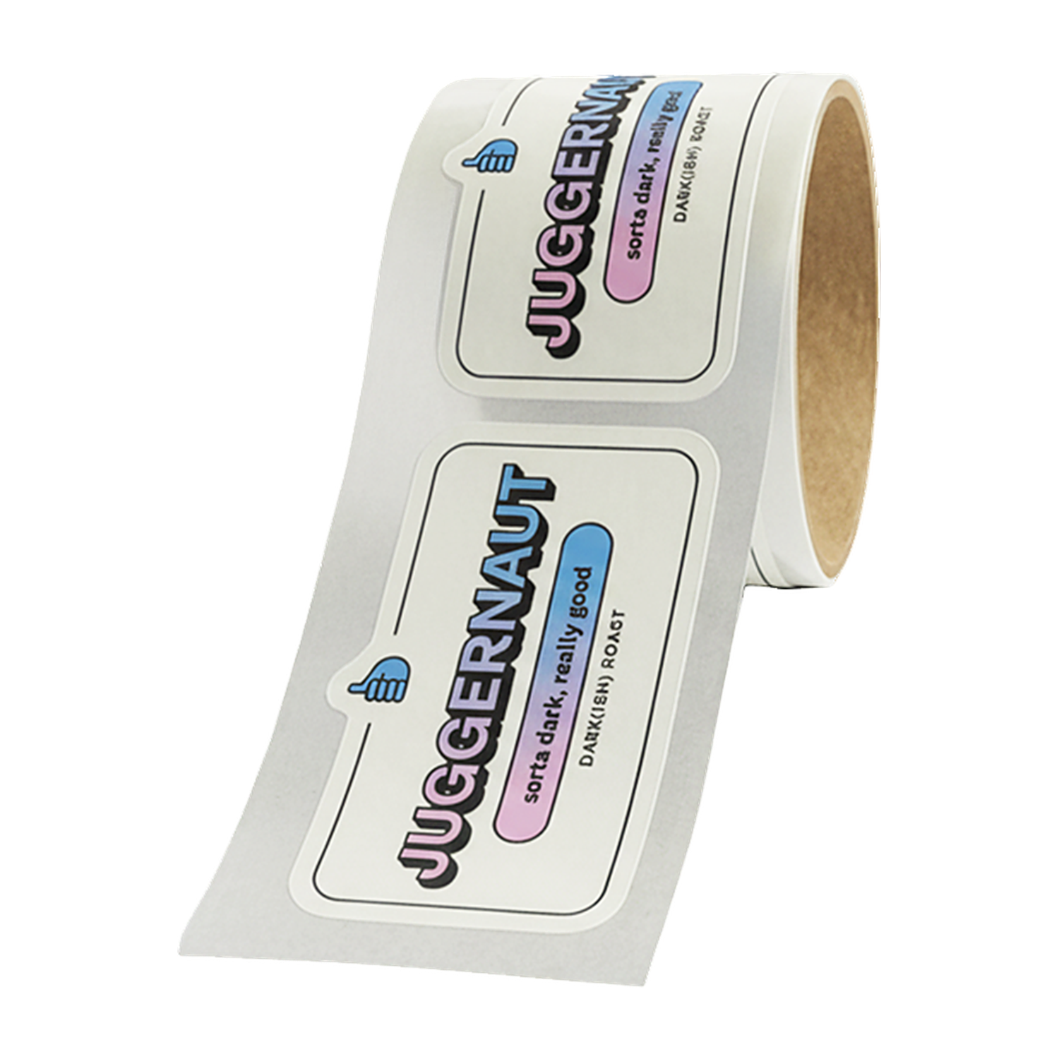 Roll of Juggernaut coffee labels with bold, colourful lettering