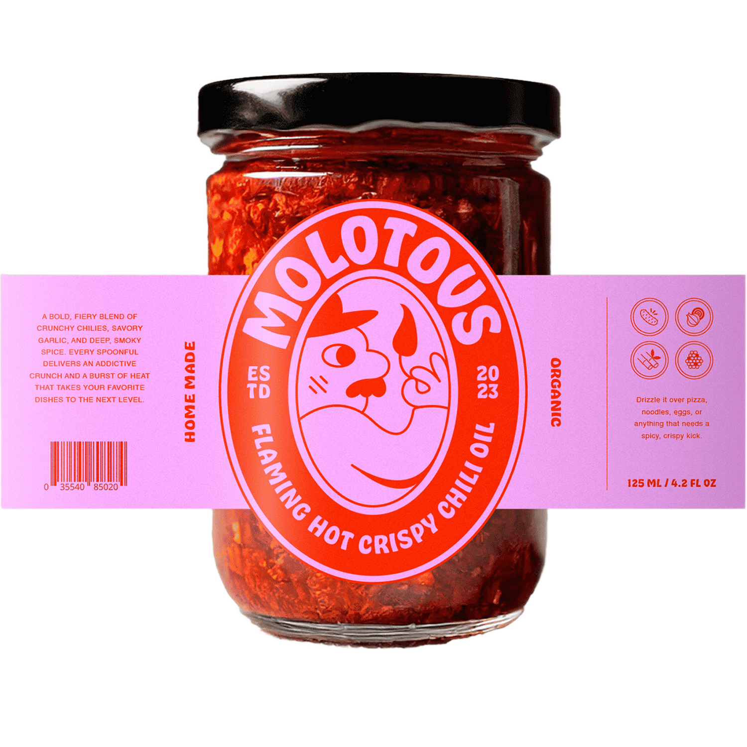 Glass jar of Molotous Flaming Hot Crispy Chili Oil with a pink and red custom wrap-around label