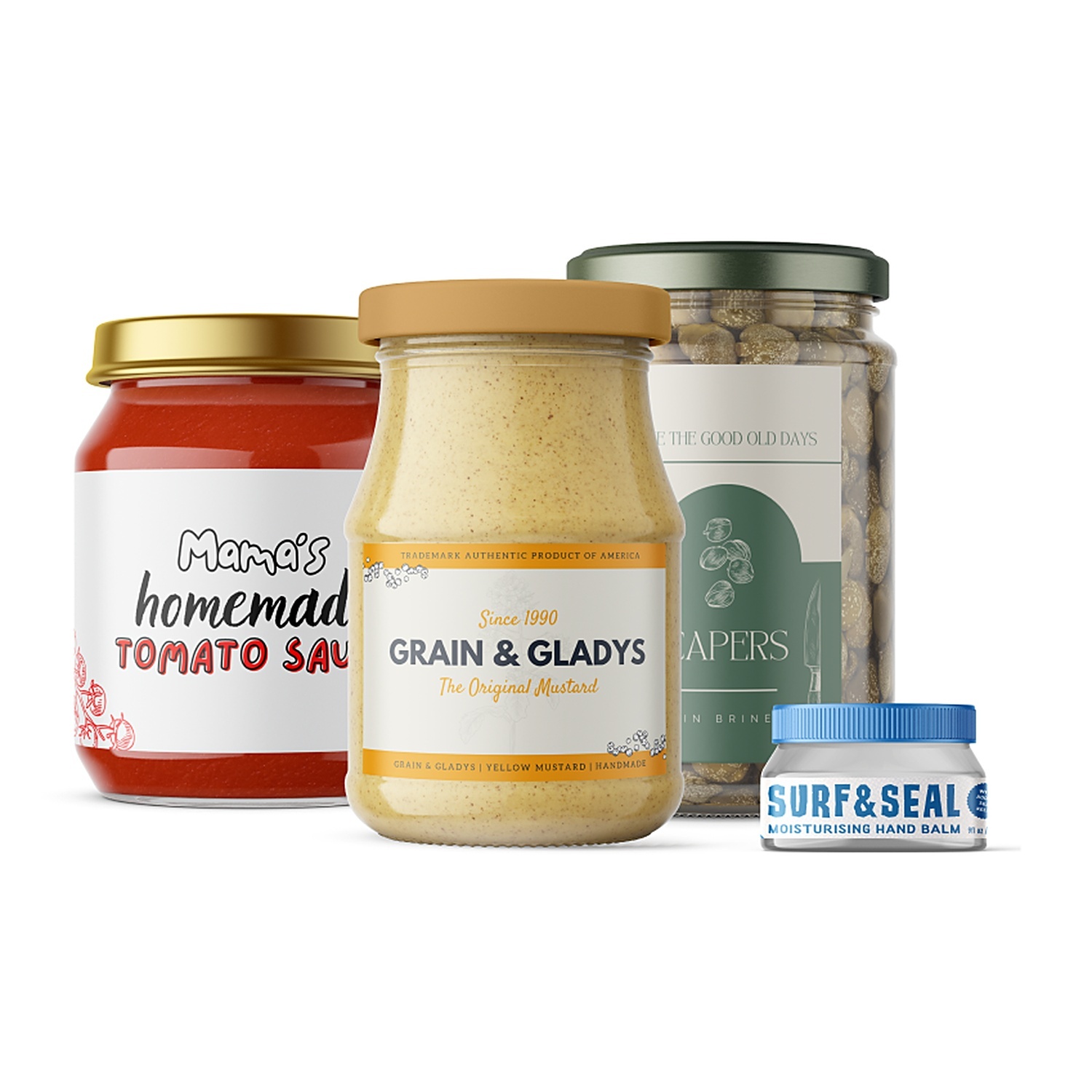 Custom labels on jars: "Mama's homemade tomato sauce", "Grain & Gladys" mustard, capers and a "Surf & Seal" hand balm tub