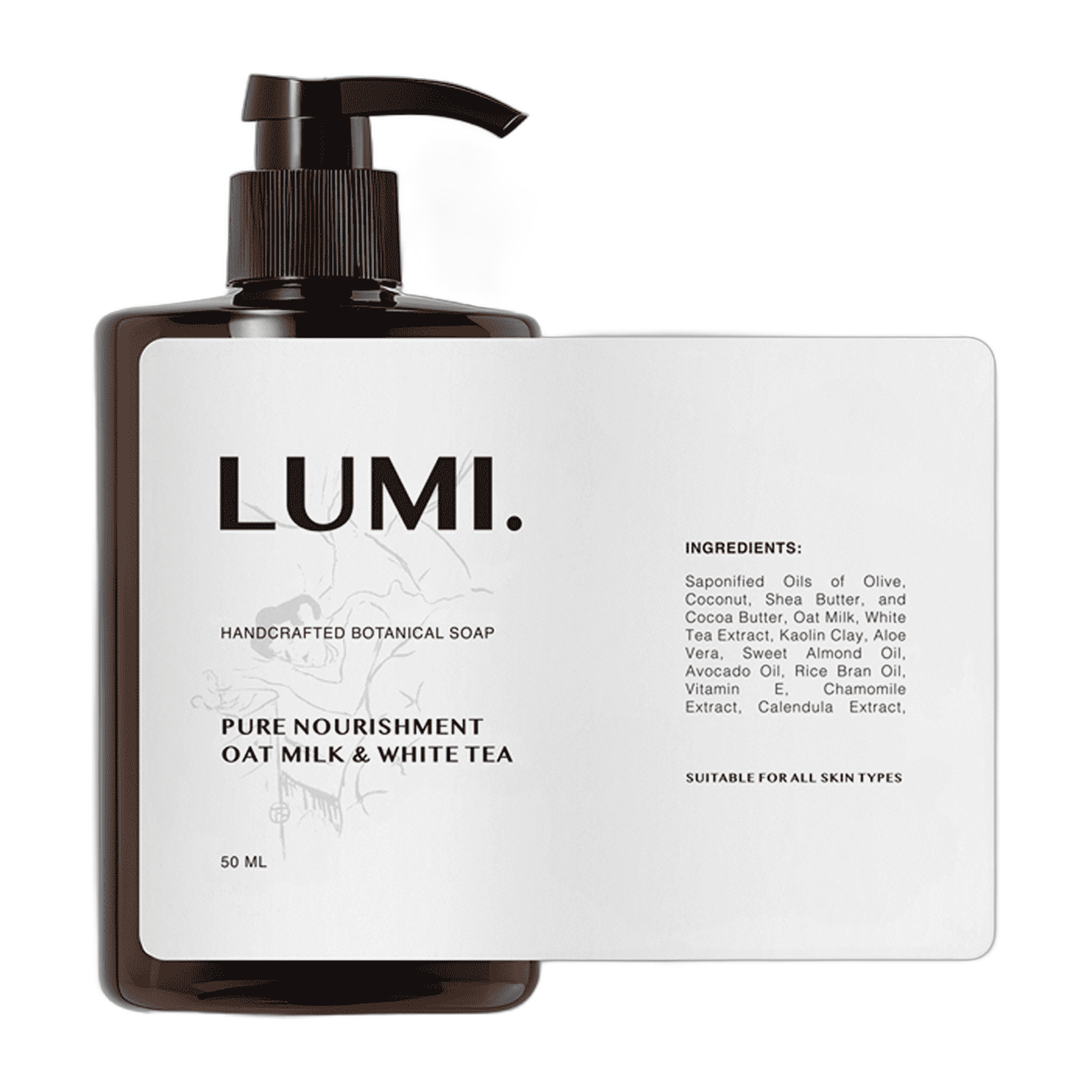 Brown pump bottle of LUMI handcrafted botanical soap with a white custom label, shown next to the full flat label with ingredients