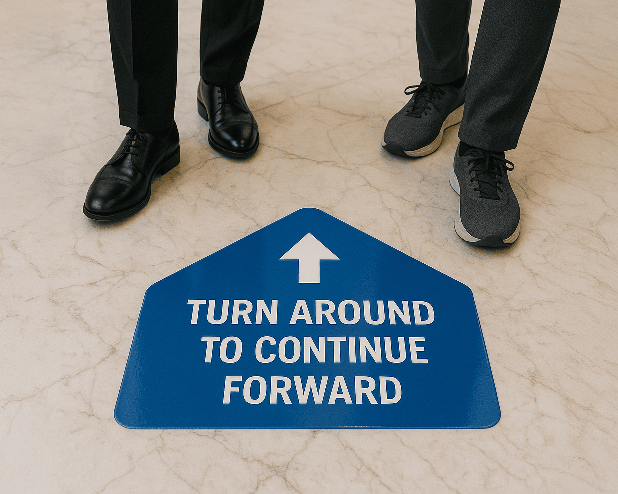 Two people stand near a blue floor sign with an arrow and text: "TURN AROUND TO CONTINUE FORWARD," on a marble floor.
