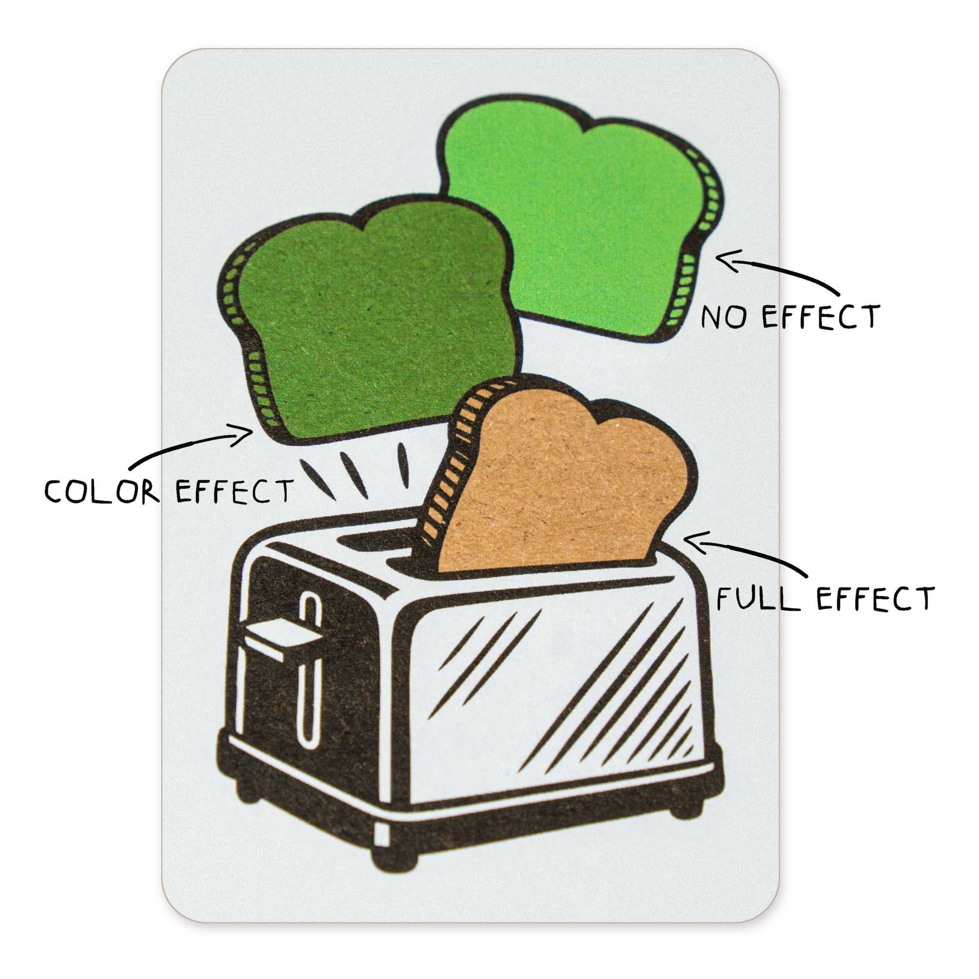 Kraft paper label comparing No effect, Colour effect and Full effect on toast slices: bright green, green with kraft texture showing through, and bare brown kraft paper