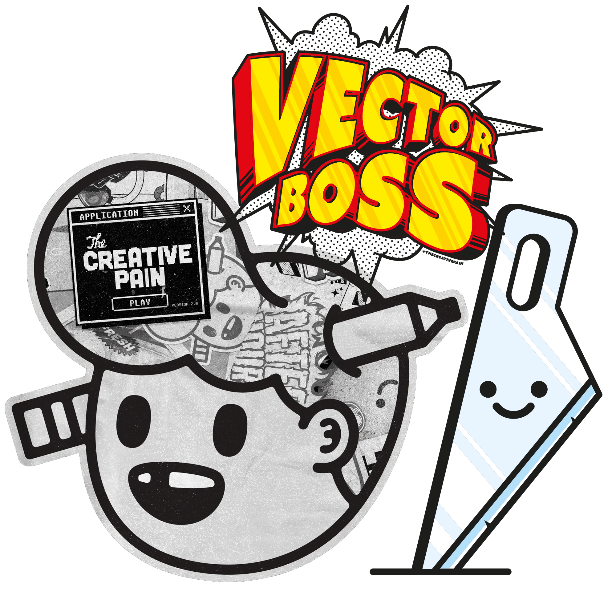 collection of designs from tyler pate including pencil head, a cutter, and vector boss