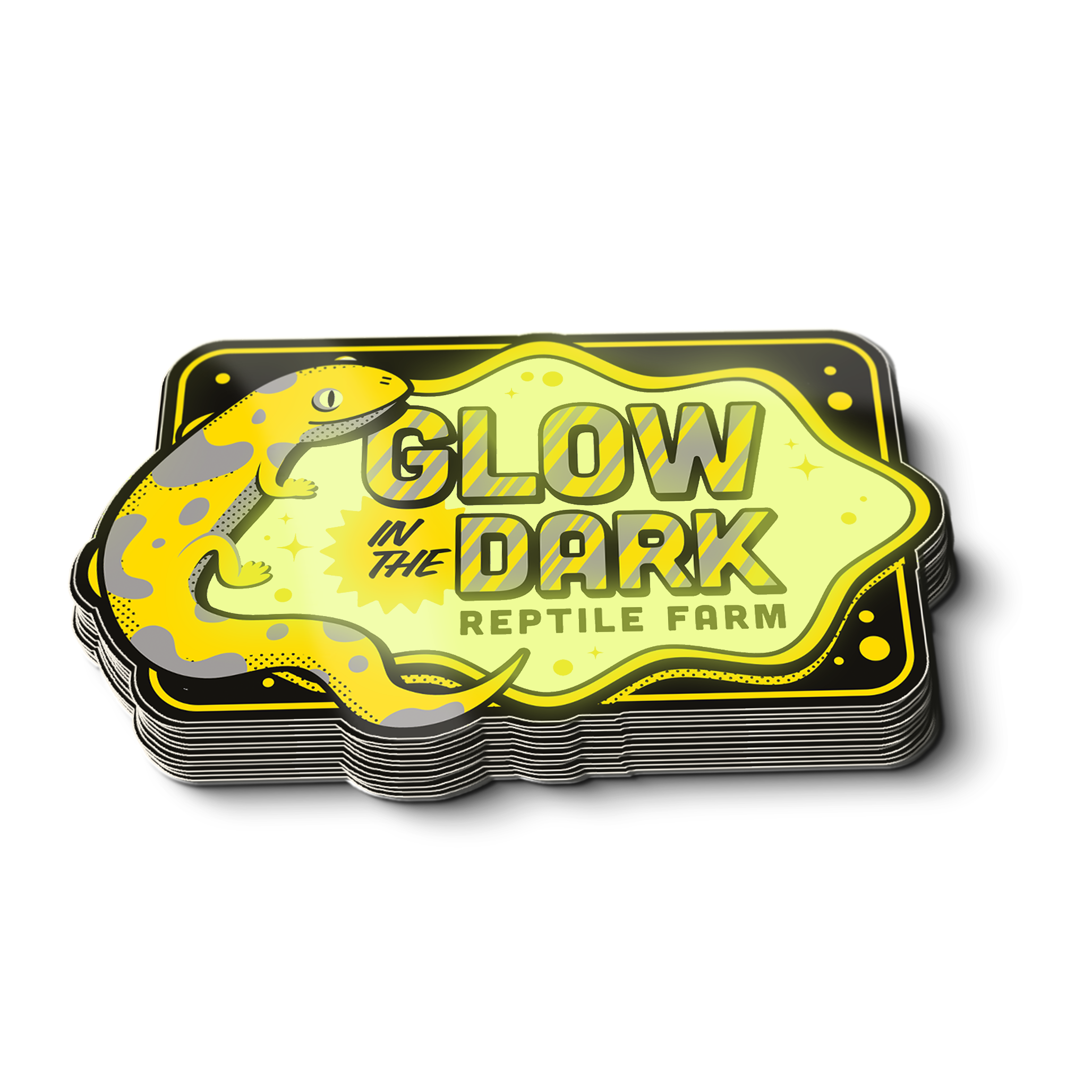 Glow-in-the-dark sticker with a reptile farm design, featuring a yellow lizard and vibrant text.