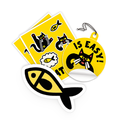 Icon of stickers featuring playful black cats and yellow fish, with one sticker reading "IS EASY!" on a bright yellow background.