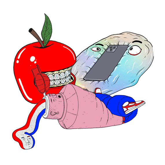 Collage of Lumps stickers in prismatic, holographic, and glitter.