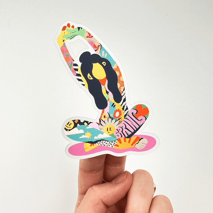 Colorful sticker of an abstract figure seated in a yoga pose, featuring vibrant floral and sunny patterns with the word 'Spring' integrated into the design.