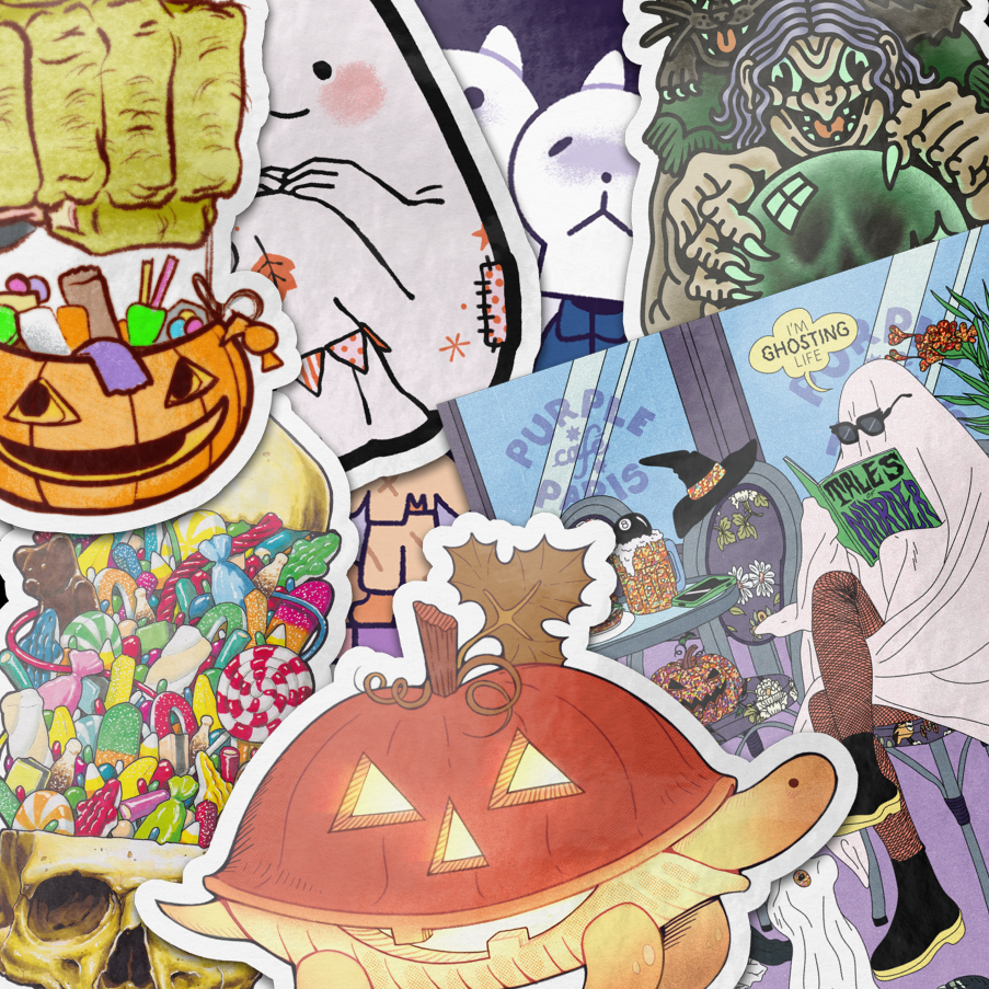 Collage of winning Halloween sticker designs, including a ghost reading at a café, a candy-filled skull, a jack-o'-lantern turtle and a witch with a crystal ball