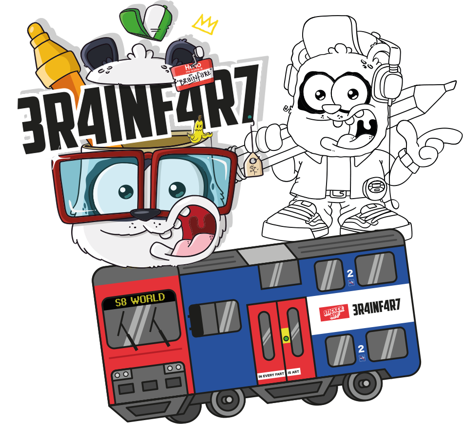Brainfart x StickerApp illustration with the 3R4INF4R7 logo, two cartoon characters and an S8 World commuter train